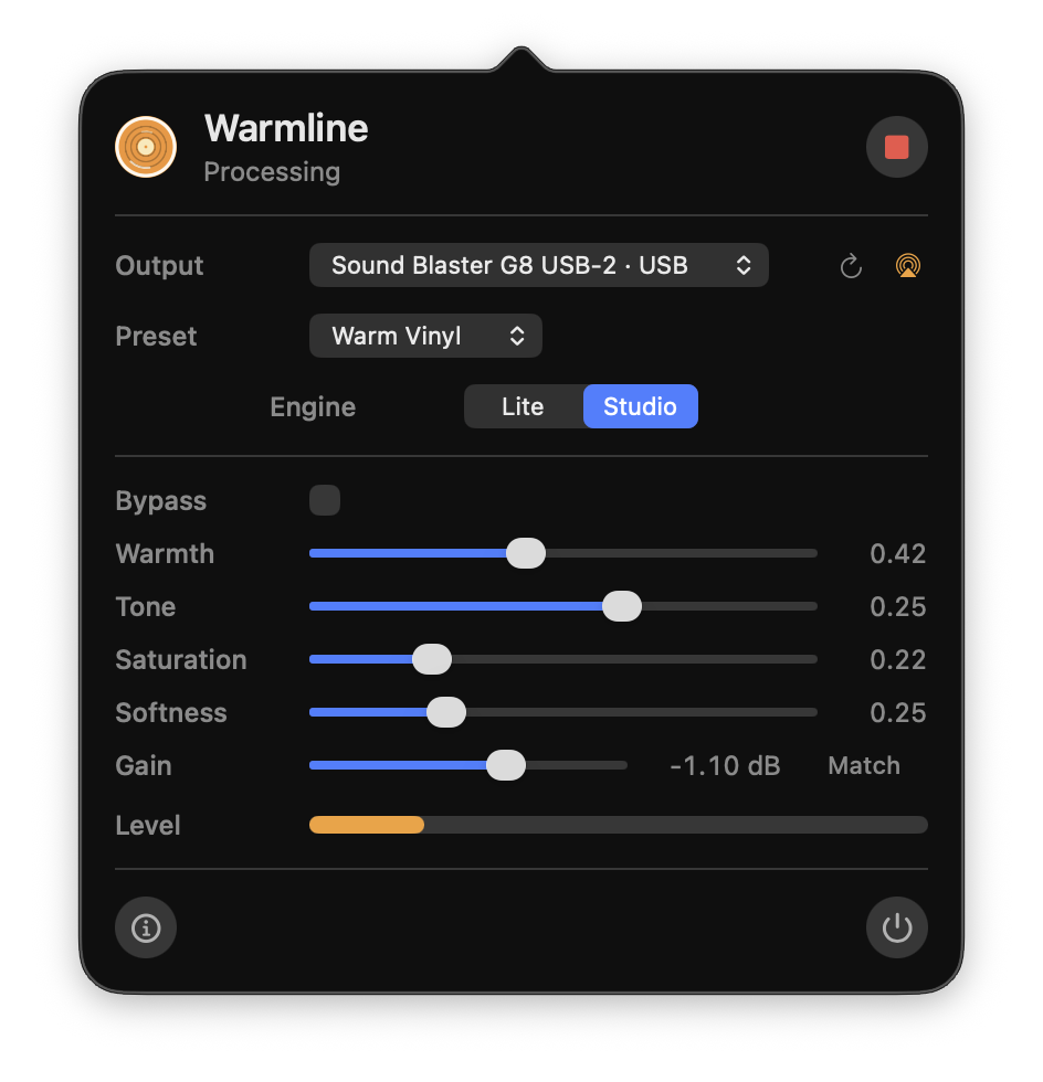 Warmline menu bar controls showing output, preset, Studio engine, warmth, tone, saturation, softness, and gain settings